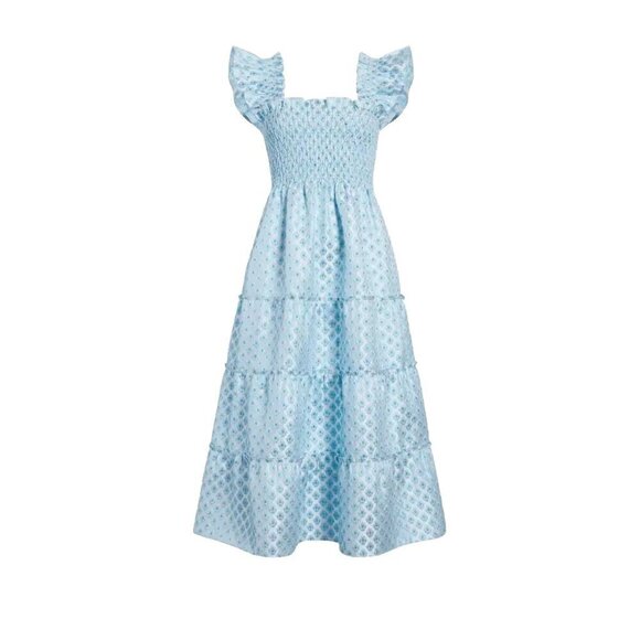 NWT Hill House Ellie Nap Dress in Blue White Brocade Smocked Tiered Midi XS